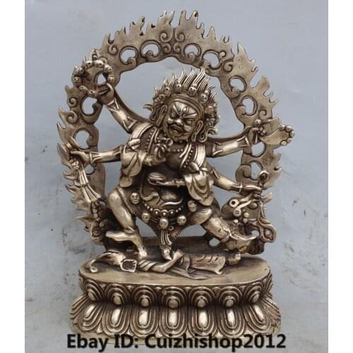 H 200mm Decorated Tibet Silver Copper Chinese Tibet Tibetan Buddhism White Mahakala buddha Statue Decoration real Silver Brass