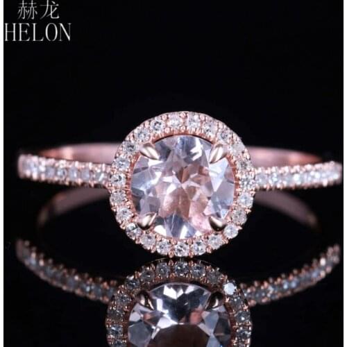 HELON Solid 14K Rose Gold Pave Natural Diamonds & Prong Sharp Claws Engagement Wedding Diamond Ring 6mm Round Cut Morganite Ring