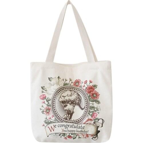 Flowers Pattern Canvas Shoulder Bag Plants Pattern Shopping Carrier Girl Handbag Reusable Grocery Organization Handbag Portable