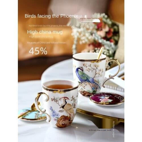 Chinese Style Large Capacity Ceramic Water Cup Creative Trend Mug with Cover Spoon Household Flowering Tea Cup