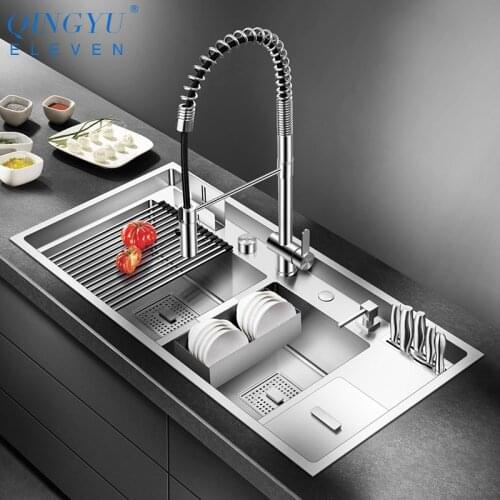 New Three kitchen Sink 304 Stainless Steel 4mm Thickness Handmade Brushed Large Size Double Kitchen Sink With Trash Can