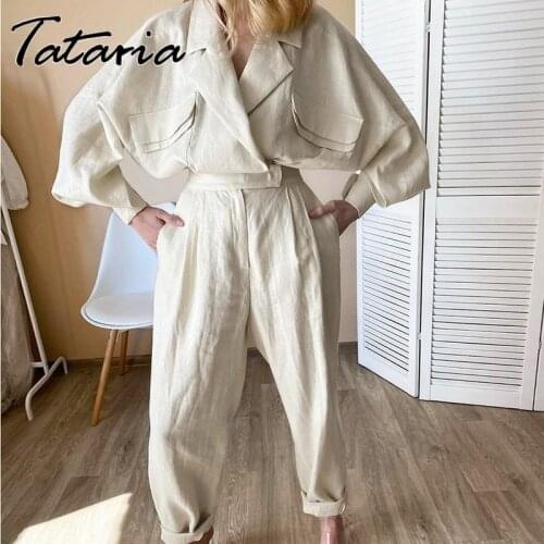 Fashion Women Two Piece Set Top and Pants Autumn Cotton Linen Casual Harem Pants Suits Girl Long Sleeve Shirt Pencil Trousers