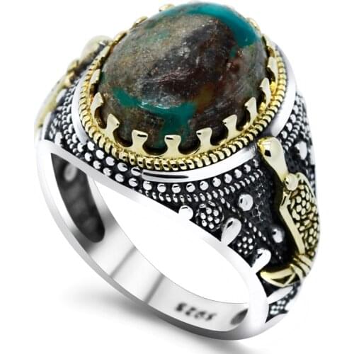 Vintage Turquoise Ring Silver 925 Gold Plated Mens Rings Natural Green Turkish Gemstone Punk Biker Party Band Jewelry Male Ring