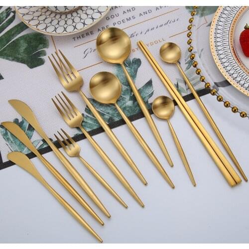 Matte Gold Cutlery Set 18/10 Stainless Steel Round Hanglde Dinnerware Sets Dining Spoon Fork Knife Chopsticks Set Tableware Gold