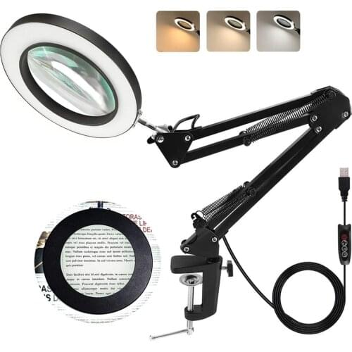 5X USB Foldable Desktop LED Magnifying Glass Table Lamp Clip-on Flexible Desktop Magnifier Loupe for Repair Reading Soldering