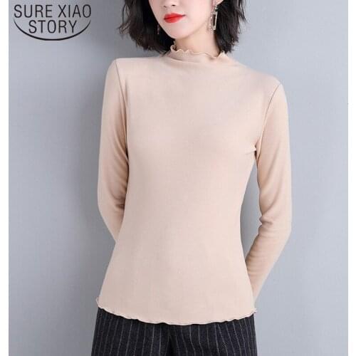 2021 New Fashion Figure-flattering Women Blouses Semi-high-neck Long Sleeve Women Tops Solid Base Shirt Plus Size 6349 50