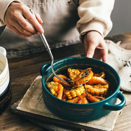 Creative ceramic binaural bowl ins breakfast bowl salad bowl household tableware cheese baked rice bowl baking baking bowl bakin