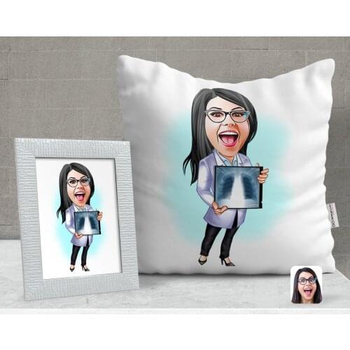 Personalized Women 'S Radyolojist Caricature Of Decorative pillow And Frame Gift Seti-1