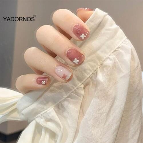 24pcs fake short nailsBean Paste Nail Patch Square Head Glue Type Removable Short Paragraph Fashion Manicure False Nail Patch TY