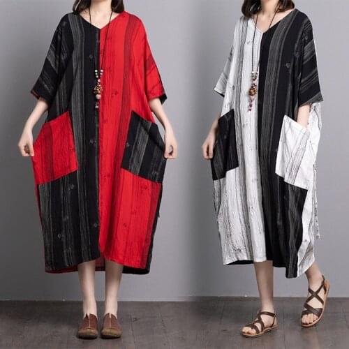 Dress Women Summer 2019 Female Loose Casual Big Pocket Retro Robe Vintage WomenS Asymmetric Dresses TA1537