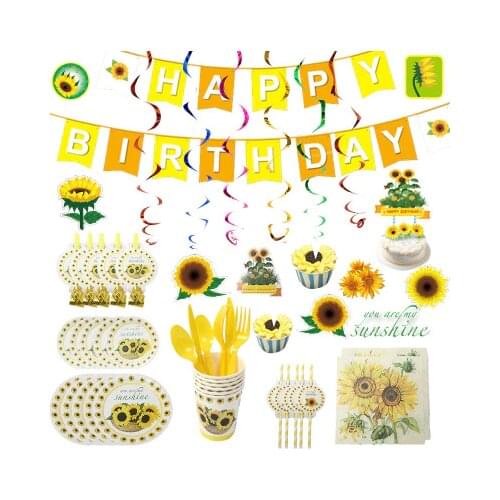 Sunflower theme birthday party tableware Cartoon Sunflower pull flag Plates Cups decoration products Kids Shower Party Supplies