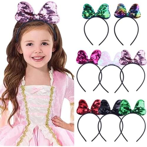Prowow 1PCS Cartoon Cute Baby Kids Girl Hairband Sequins Bowtie Headwear Mouse Ears Hair Accessories For Party Cosplay Headdress