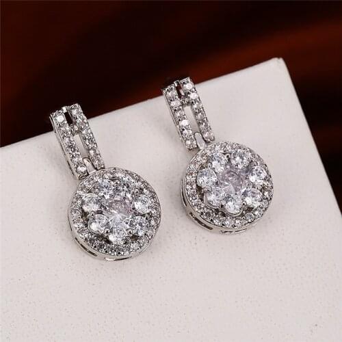 Luxury Female White Crystal Stone Earrings Charm Silver Color Stud Earrings For Women Cute Bridal Round Wedding Earrings