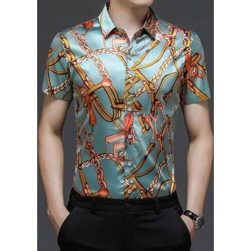 Summer Mens Fashion 2021 Chain Printed Short Sleeve Oversize Foral Satin Silk Shirts Hawaiian Beachwear Smooth Clothes Big Size
