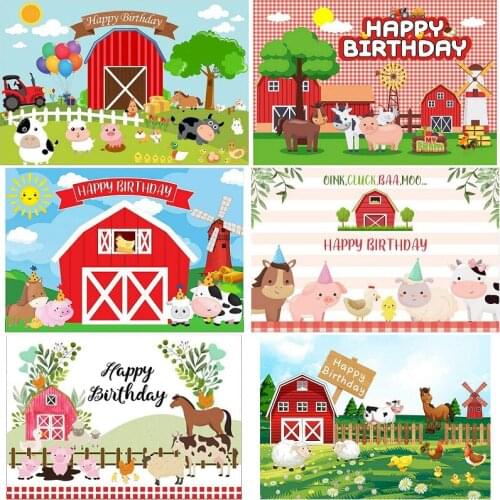 Happy Birthday Backdrop Cartoon Farm Animals Photography Backgrounds Baby Shower Party Decor Photo Booth Studio Prop
