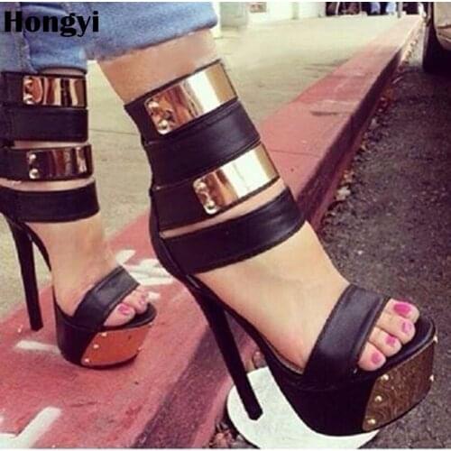 Hongyi Shoes Women 2018 Summer New Gold Ankle Wrap Buckle Open Toe Thin Heeled Sandals Floral high-heeled Shoes Platform Sandals