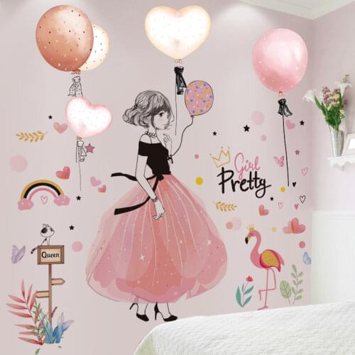 [shijuekongjian] Cartoon Girl Wall Stickers DIY Creative Balloons Wall Decals for Kids Rooms Baby Bedroom House Decoration