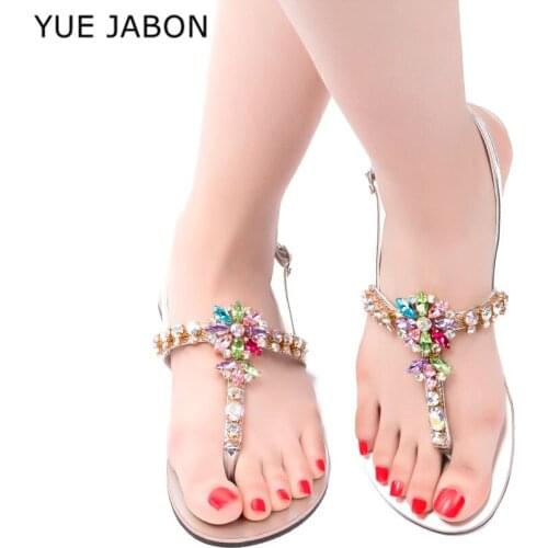 Gold Silver Women`s summer bohemia diamond sandals Flat beach shining crystal boho shoes T-strap thong flip flops Plus Size 45