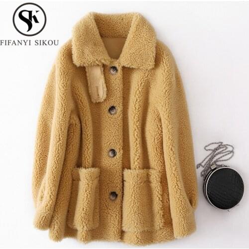 Winter Coat Women Fluffy Real Sheep Shearing Short Fur Coat Female Plush Particles Wool Natural Fur Jacket Fashion Warm Overcoat