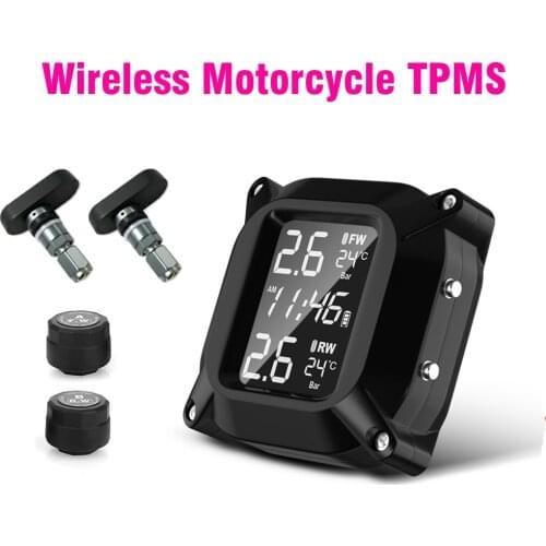 Wireless Motorcycle TPMS Tire Pressure Monitoring System 2pcs External Sensor LCD Time Display Tyre Temperature Monitor Alarm