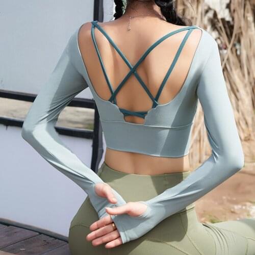 Sport Women Long Sleeve Crop Top Padded Push Up Fitness Yoga Shirt Cross Back Female Running Gym Wear