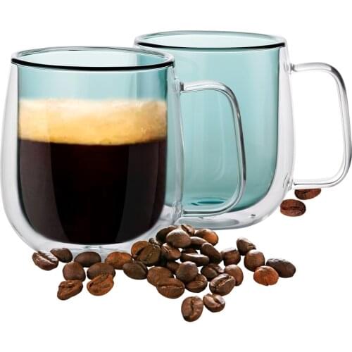 2pcs/pair 350ml Double Wall Glass Green Cup Heat Resistant Coffee Mug with Handle Insulated Clear Emerald Cold-Hot Milk/Tea/Wine