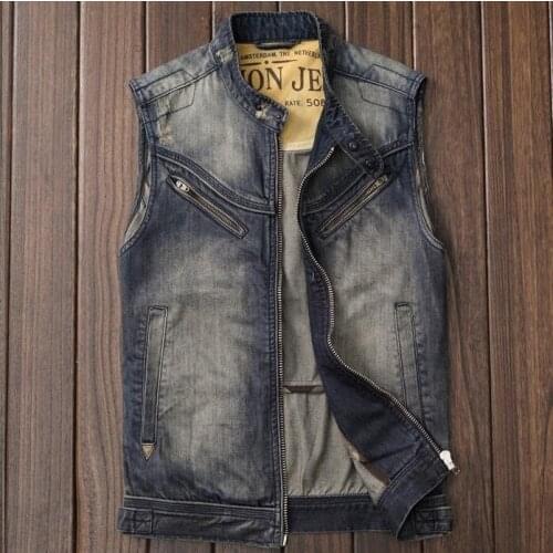 Light Blue Mens Collarless Motorcycle Classical Ripped Washed Slim Fit Moto Biker Denim Vest For Men Size S-2XL