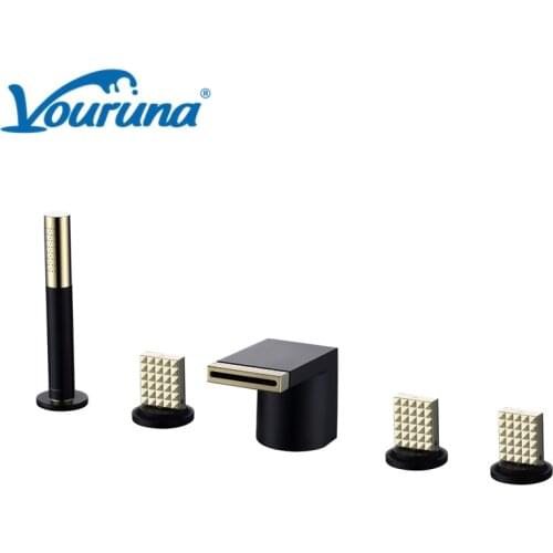 VOURUNA New Arrival Luxurious Golden&Black Bathtub Filler Faucet White 5-Hole Tub Shower Mixer Tap