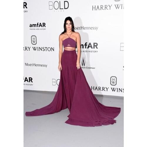 Long Sleeve Chiffon Halter Celebrity Dresses Two Pieces Burgundy Mermaid Robe De Soiree Floor Length Open Back Formal Dresses