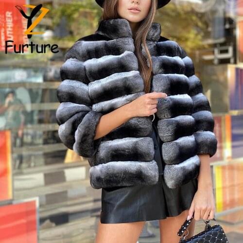Natural Fur Coat Women Winter Rex Rabbit Fur Coat Short Style Classic Chinchilla Color Lady Fur Coats Thick Striped Warm Coat