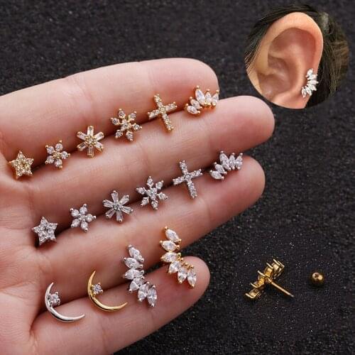 1 PCS Classic Stainless Steel Cute Mini Star Cross Flower Ear Bone Stud Cuff Earrings Zircon Double Sided Ball Bar Ear Jewelry