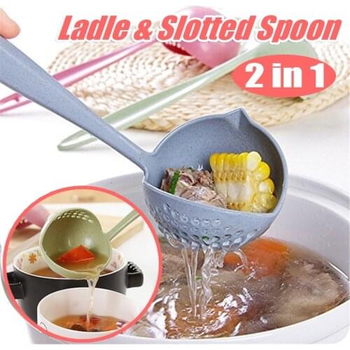 2In1 Long Handled Soup Spoon Long Handle Kitchen Strainer Solid Color Cooking Colander Kitchen Scoop Plastic Tableware Colander
