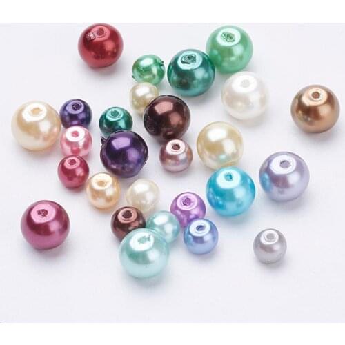 4-6/6-8/8-10mm Environmental Dyed Glass Pearl Round Bead Strands, Cotton Cord Threaded, Mixed Color, Mixed Color hole: 0.7mm