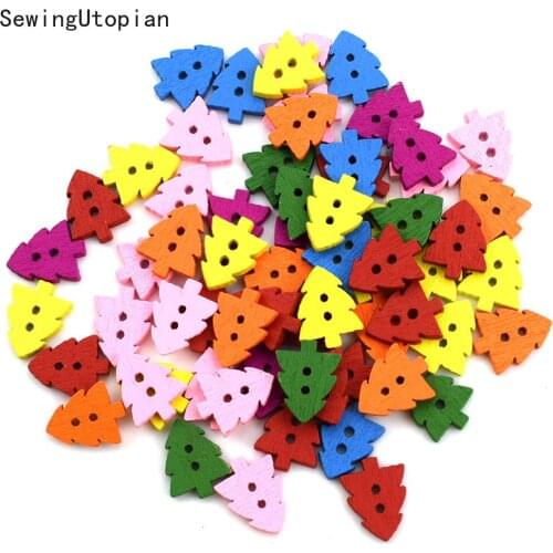 50PCS Christmas Tree Shape Decor Embellishment Wooden Buttons with Two Holes Button for Sewing Scrapbook Crafting