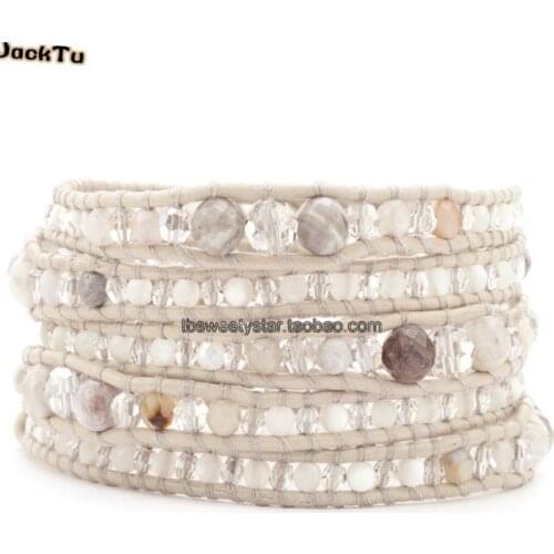 White crystal mix opal beaded leather wrap bracelet for woman