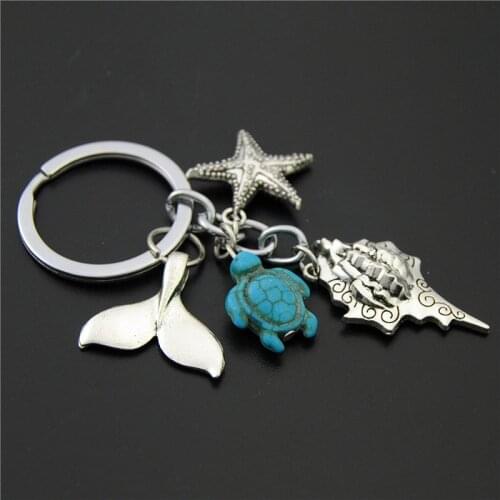 1PC Blue Turtle Beads Starfish Conch Fish Tail Keychain Diy Handmade Ocean Beach Jewelry