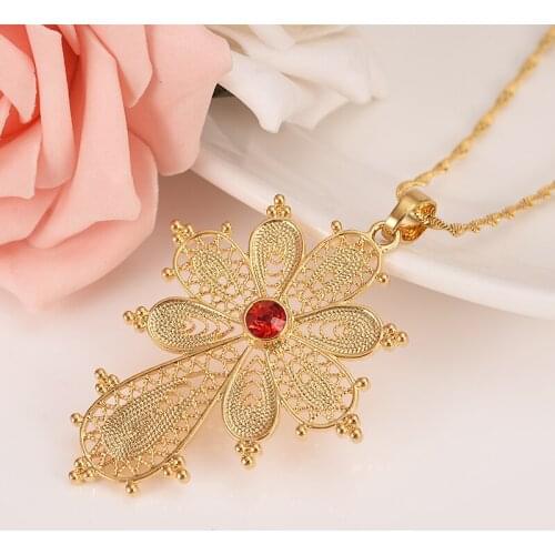 Ethiopian Big red cz crystal Pendant Necklace Gold Eretrian Coptic Jewelry Crosses African Abyssinia Women Girl bridal gifts