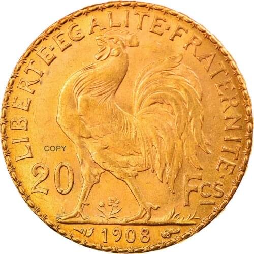France 1908 20 Francs Gold Marianne Rooster Third Republic Brass Metal Copy Coin Liberte Replica Production