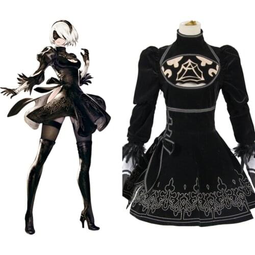 Anime Nier Automata Yorha 2B Cosplay Costume Girls Women Fancy Black Dress Suit Set for Halloween Party