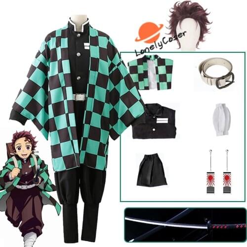 Anime Demon Slayer Cosplay Costume Kamado Tanjirou Wig Cloak Top Pants Belt Earrings Sword Halloween Party Uniform Clothing