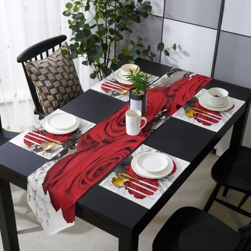 Red Rose Flower Table Runner Set Cotton Linen Mat Tablecloth Dining Table Decor Wedding Table Decoration