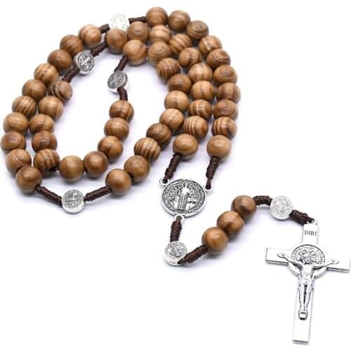 X7AB Handmade Round Bead Rosary Necklace Men Cross Jesus Pendant Catholic Religious