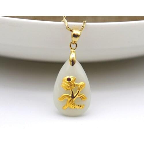 Vogue Design Hetian Jade Necklace For Men Women 24k Gold Water Drop Rose Love Flower Pendants Couple Lovers