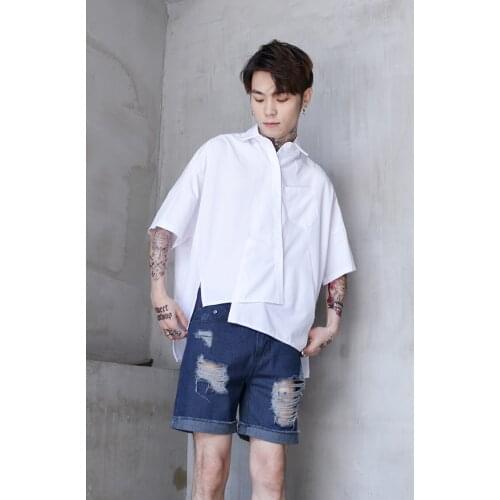 Summer Japanese dark personality Yamamoto irregular stitching asymmetric short sleeve shirt fashion mens top large