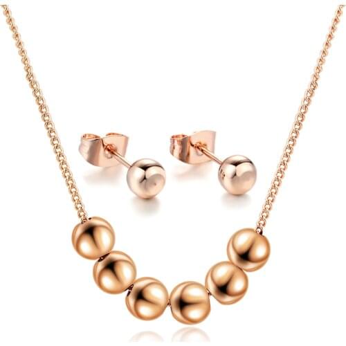 Copper Beads Sets For Women Rose Gold Color Metal Necklace Earring Daily Accessories Fashion Jewelry S516