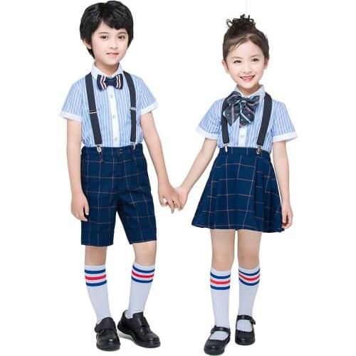 New Boys and Girls Clothing Set Kids Striped Shirt with Grid Shorts or Skirts Back to School Children Clothing