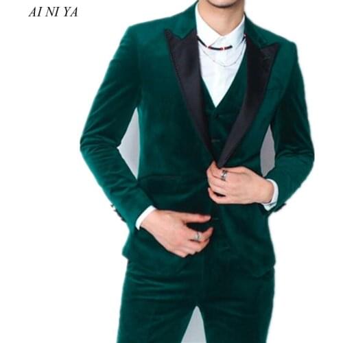 Slim fit Green Velvet Prom Suits for Men Wedding 3 piece Peaked Lapel Custom Groom Tuxedos Man Fashion Costumes Set Jacket Pants