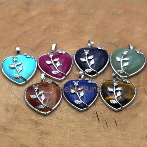 Lovely Heart Shape Necklace Charm Aventurines Tiger Eye Agates Stone Jewelry Pendant, Silver Rose Bail In 38*33 mm PM7769