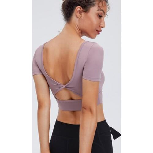 Sexy Back Cross kink Sports Short-Sleeve Top Women Tight Stretch Yoga Shirt Outdoor Running Quick Dry T-Shirt With Chest Pad