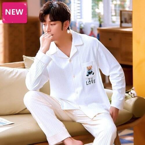 100% Cotton Mens Pajamas Set Full Sleeve Pants 2Piece/Suit Soft Sleepwear Sweet Student Spring Casual Cartoon Man Pyjama